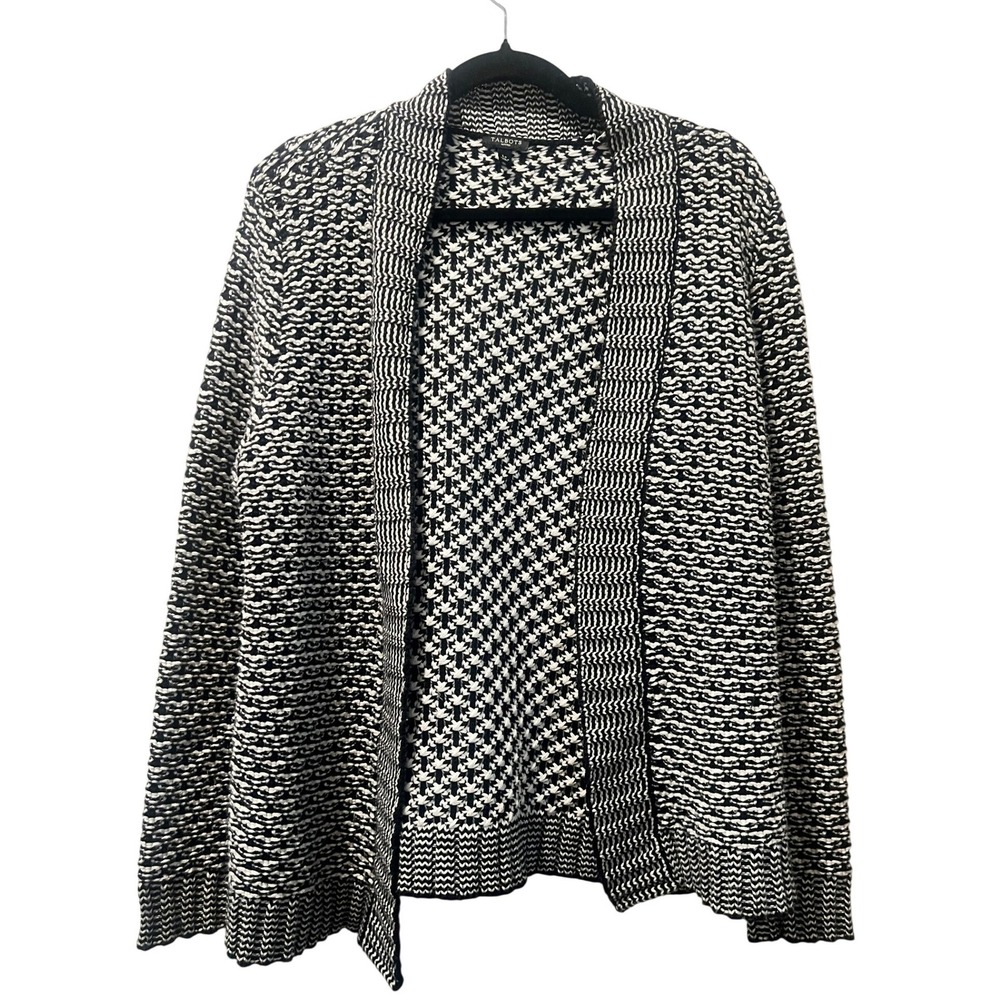 Talbots Petites Women's Black White Chunky Knit Cardigan Sweater‎ L Grandma Cozy